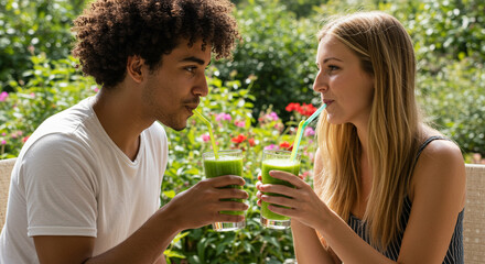 A diverse couple enjoys a refreshing green beverage together outdoors, sharing a moment of health and connection in a natural setting.