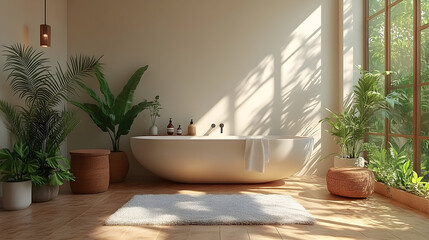 A white bathtub in a sunlit bathroom with potted plants.