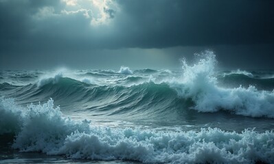Powerful ocean waves crash and foam under a dramatic, stormy sky, showcasing nature's raw force and wild beauty.