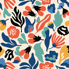 Vibrant abstract botanical garden pattern in bold artistic style with organic shapes and natural elements