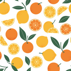 Obraz premium Fresh citrus fruit collection with leaves and slices in various stages of ripeness