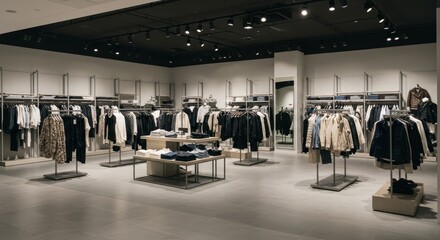 Empty modern clothing store with racks and displays