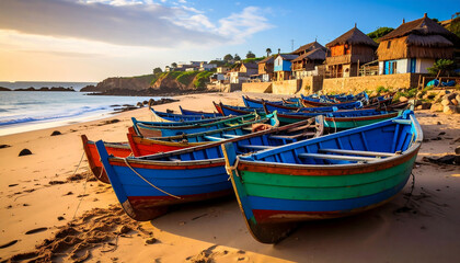Fototapeta premium Vibrant fishing boats line a tranquil beach village at golden hour, evoking coastal serenity and adventure