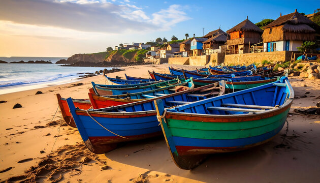 Vibrant fishing boats line a tranquil beach village at golden hour, evoking coastal serenity and adventure