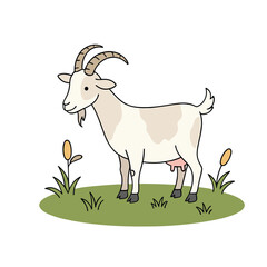 Fototapeta premium A charming illustration of a domesticated farm animal a goat standing in a grassy field with tall grass and a few small plants in the background