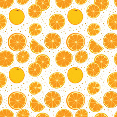 Vibrant citrus slices and oranges scattered on a dotted white background for festive designs