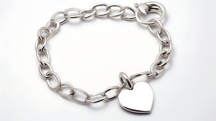 A minimalist silver bracelet with a flat heart charm lying diagonally on a seamless white surface, close-up shot showing every link and reflection, studio-quality full-frame photograph.