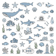 A vibrant collection of marine life and underwater wonders depicted in a charming illustration style