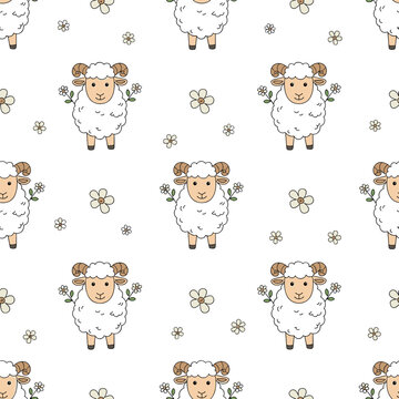 Charming hand drawn sheep and floral elements repeating pattern for textiles and decor