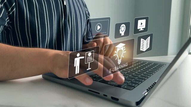 Digital internet lessons and online webinar on virtual screen.E-learning education.Education internet Technology.Business person who attends online lessons on a digital technology screen.