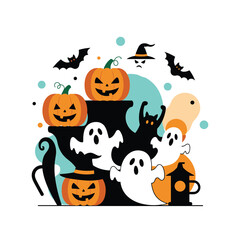 Fototapeta premium Whimsical halloween scene featuring jack o lanterns spooky ghosts and flying bats