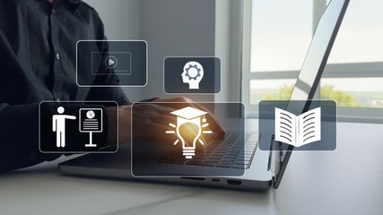 Digital internet lessons and online webinar on virtual screen.E-learning education.Education internet Technology.Business person who attends online lessons on a digital technology screen.