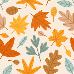Autumn pattern. Hand-drawn seamless texture with different yellow leaves. Cartoon illustrations in flat style. Vector background 