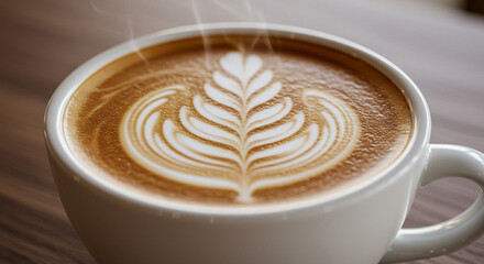 A beautifully crafted coffee drink with intricate latte art, served in a white ceramic mug, creating a visually appealing and delicious beverage.
