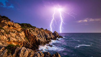 Dramatic lightning strikes illuminate stormy sea crashing against rugged coastal cliffs at twilight