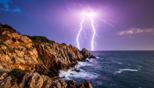 Dramatic lightning strikes illuminate stormy sea crashing against rugged coastal cliffs at twilight