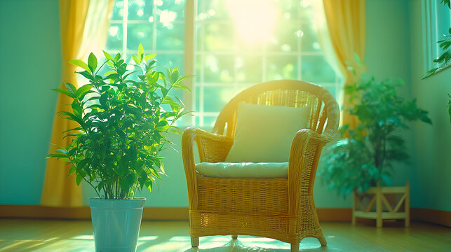 A wicker armchair sits in a sunlit room with potted plants near a window.