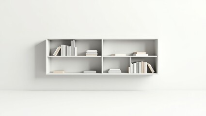 White wall-mounted shelving unit with books.