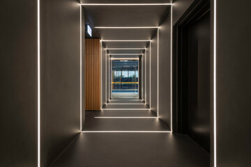 Long futuristic hallway lined with neon lights on a dark floor. Future architecture interior design. 