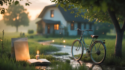 A bicycle rests near a house during the serene sunset, in a calm landscape.