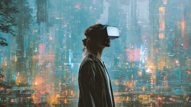 A person wearing VR gear gazes at a digital city, with reflections. Trees frame the scene