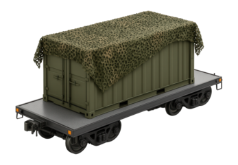 Military cargo container on flatbed railcar with camouflage netting
