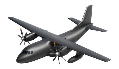 Twin-turboprop military transport aircraft with a high tail fin and underwing fuel pods