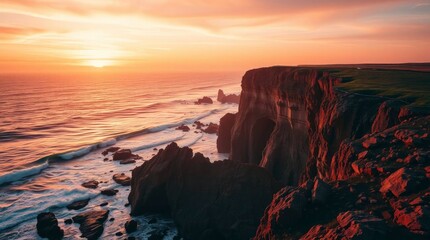 Cliffside coast at sunset with ocean waves  rock formations illuminated by golden light