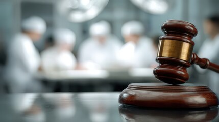 Gavel slamming on table in front of a blurred group of medical staff working together, a courtroom concept