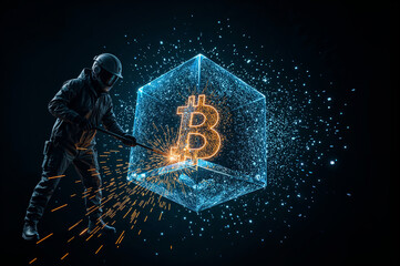 A Person Welding a Digital Bitcoin Cube with Sparks Flying