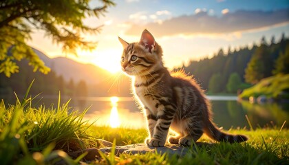 Adorable kitten by a lake at sunset
