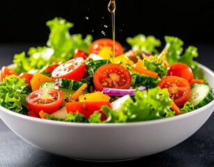 Vegetable salad with fresh lettuce, cherry tomatoes, sliced cucumber and olive oil glistening on top