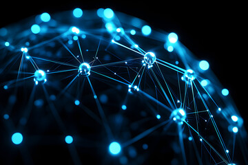 Abstract 3D rendering of a network: glowing blue nodes connected by lines against a black background.