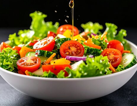 Vegetable salad with fresh lettuce, cherry tomatoes, sliced cucumber and olive oil glistening on top