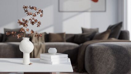 Realistic modern living room with neutral decor, daylight through large windows, stylish sofa and lounge chair, minimal design elements, and warm textures in a 3D interior visualization