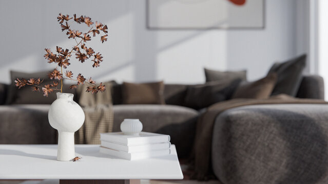 Realistic modern living room with neutral decor, daylight through large windows, stylish sofa and lounge chair, minimal design elements, and warm textures in a 3D interior visualization