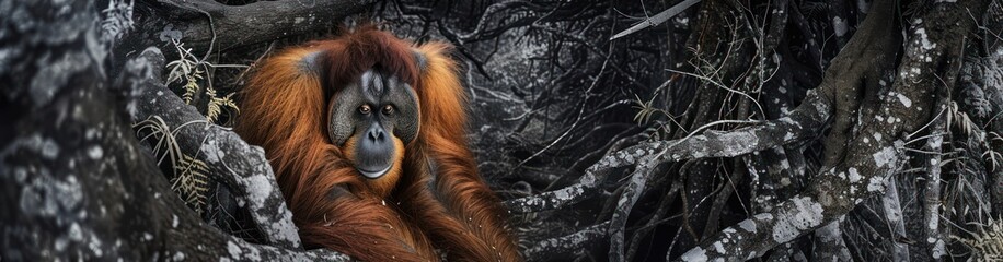 Orangutan nestled in a charred forest