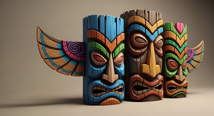 Colorful Wooden Tiki Masks with Wings Artistic Carved Decor in Neutral Background
