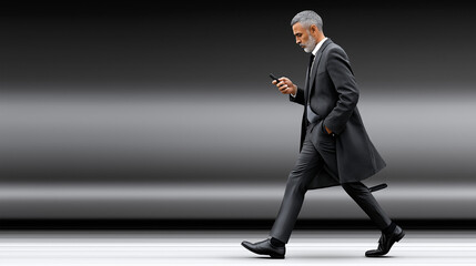 Modern Professional in Motion: A distinguished man, exuding urban elegance and professionalism, walks confidently, engrossed in his mobile device, against a sleek, minimalist backdrop of modernity.