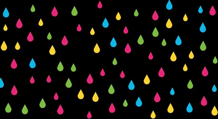 Abstract background with bright multicolored raindrops in neon pink, green, yellow and blue on a black background. Seamless pattern in flat design