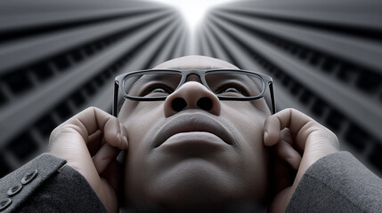 Seeking Skyward: A determined figure gazes upward, framed by a towering skyscraper, symbolizing aspiration and ambition, focusing on an urban landscape.