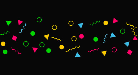 Seamless geometric pattern with colorful triangles, squares, circles and zigzags on black background in Memphis style. Abstract background of geometric shapes