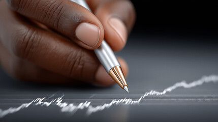 Pen on Chart: A close-up view of a hand using a pen to analyze a financial chart, the pen's tip tracing the upward trend of the data.