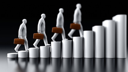 Step-by-Step Ascent: Symbolic representation of career progression, a series of minimalist figures ascend upward, carrying briefcases and navigating a conceptual staircase.