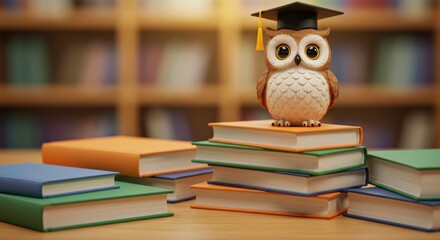 A cartoon owl with a graduation cap sits atop a stack of books in a library, with more books in the background. Warm lighting
