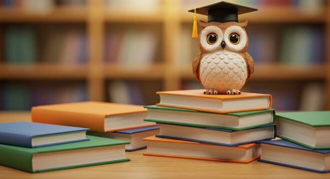 A cartoon owl with a graduation cap sits atop a stack of books in a library, with more books in the background. Warm lighting