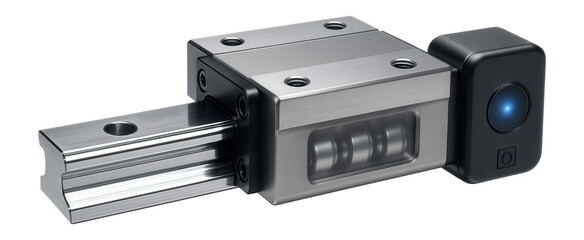 Obraz premium Linear guide with a built-in sensor for real-time position monitoring in an automated warehouse system.