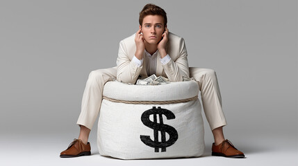 Wealthy Contemplation: A man, seated atop a bag marked with a dollar sign, ponders amidst an air of affluence, contemplating the weight of financial success.