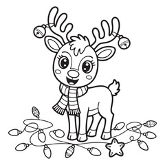 Cartoon reindeer with scarf and christmas lights outline Colouring Page