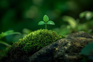 Sprout Growing from Moss on Rock Formation